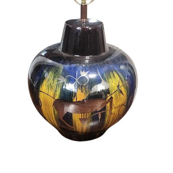 Vintage Mid Century Modern Table Lamp Gazelle Ram Drip Glaze Pottery Pleat Shade - Picture 12 of 14